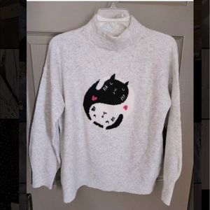 LOFT Wool Blend Funnel Neck Ying Yang Cat Sweater